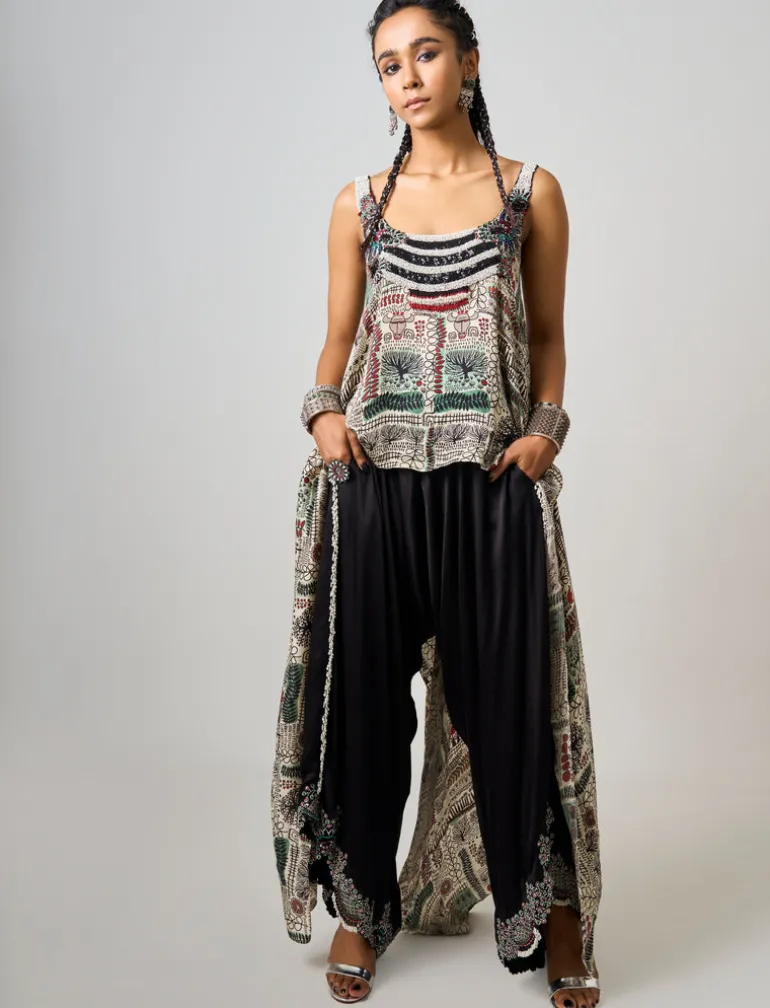 Off-White Printed & Hand Embroidered Singlet With Black Drape Pant Set