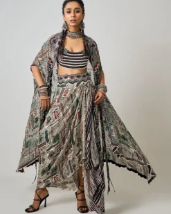 Off-White Printed & Hand Embroidered Dupatta Cape With Cowl Skirt Set