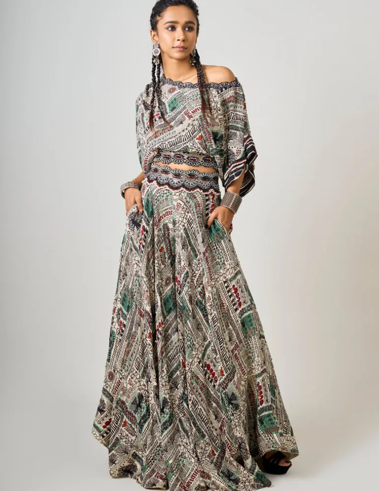 Off-White Printed & Hand-Embroidered Off Shoulder Top With Circular Pants Set