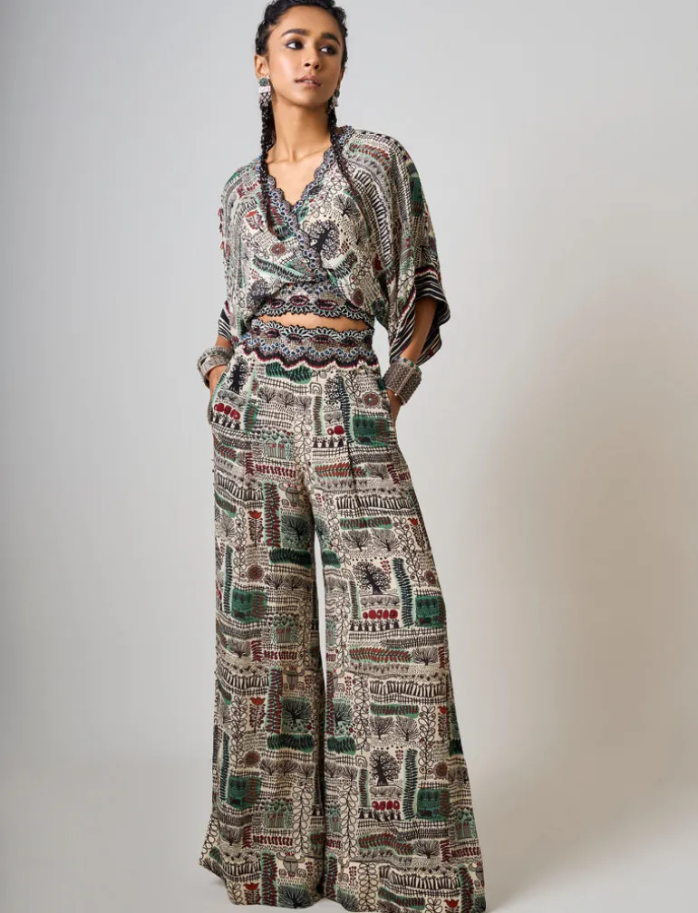 Off-White Printed & Hand-Embroidered Kaftan Top With Pant Set