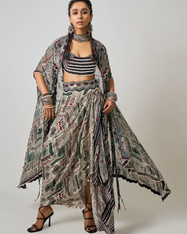 Off-White Printed & Hand Embroidered Dupatta Cape With Cowl Skirt Set