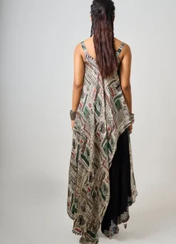 Off-White Printed & Hand Embroidered Singlet With Black Drape Pant Set