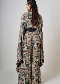 Off-White Printed & Hand-Embroidered Long Kaftan Top With Pant Set