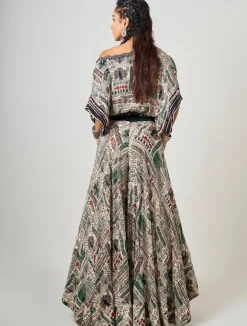 Off-White Printed & Hand-Embroidered Off Shoulder Top With Circular Pants Set