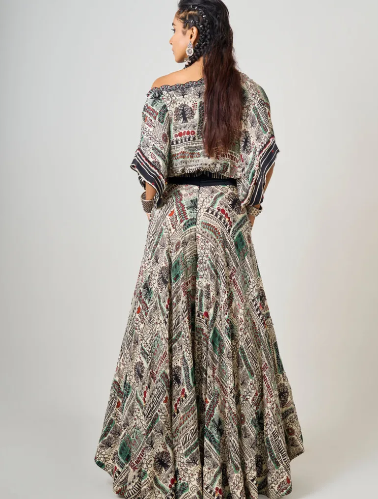 Off-White Printed & Hand-Embroidered Off Shoulder Top With Circular Pants Set