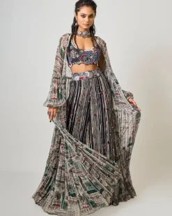 Off-White Printed Tiered Jacket With Black Printed & Hand-Embroidered A-Line Pant Set