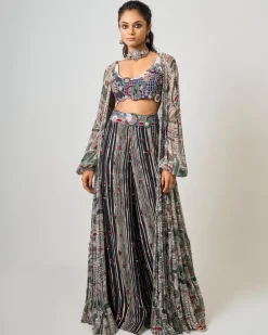 Off-White Printed Tiered Jacket With Black Printed & Hand-Embroidered A-Line Pant Set