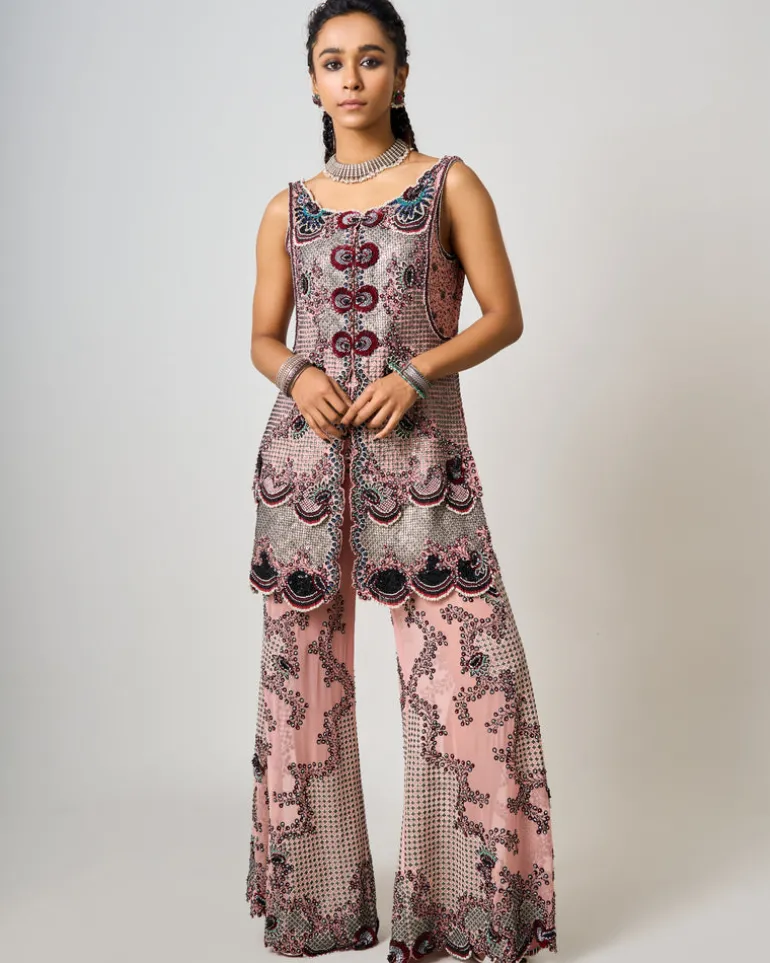 Old Rose Hand-Embroidered Double Layer Kurti Set