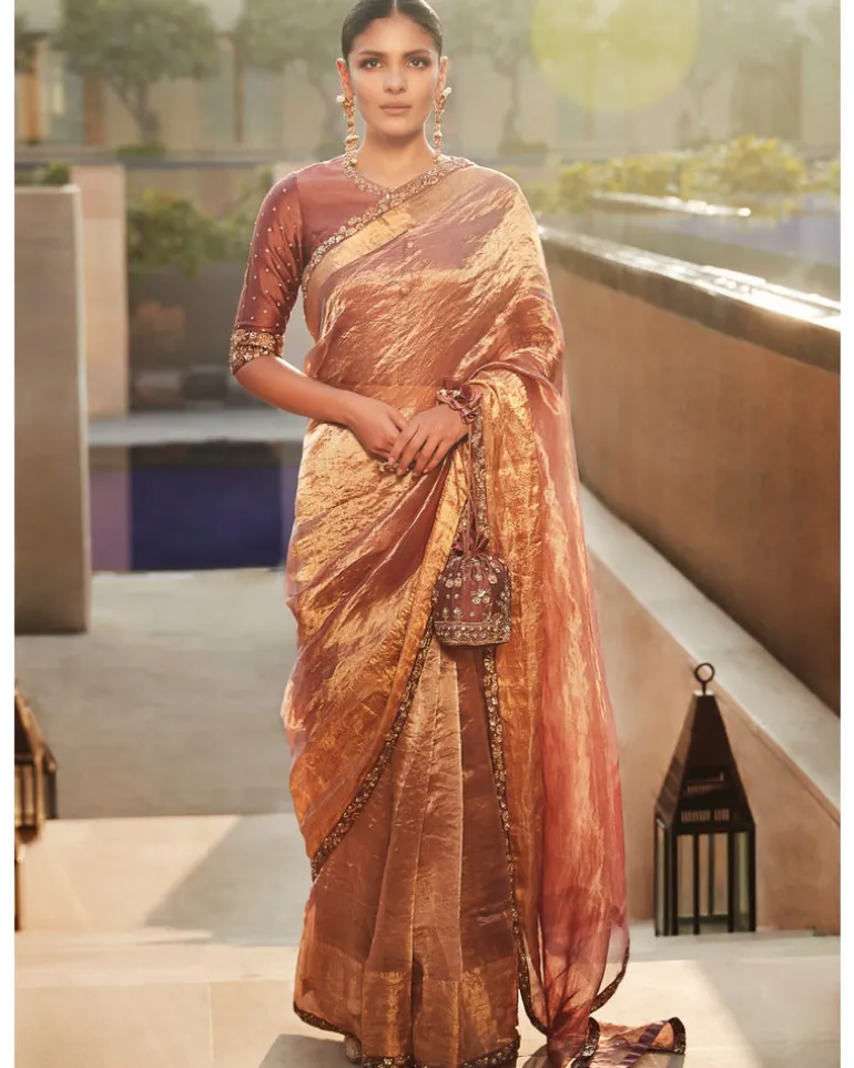 Old Rose Meera Wrinkled Tissue Sari