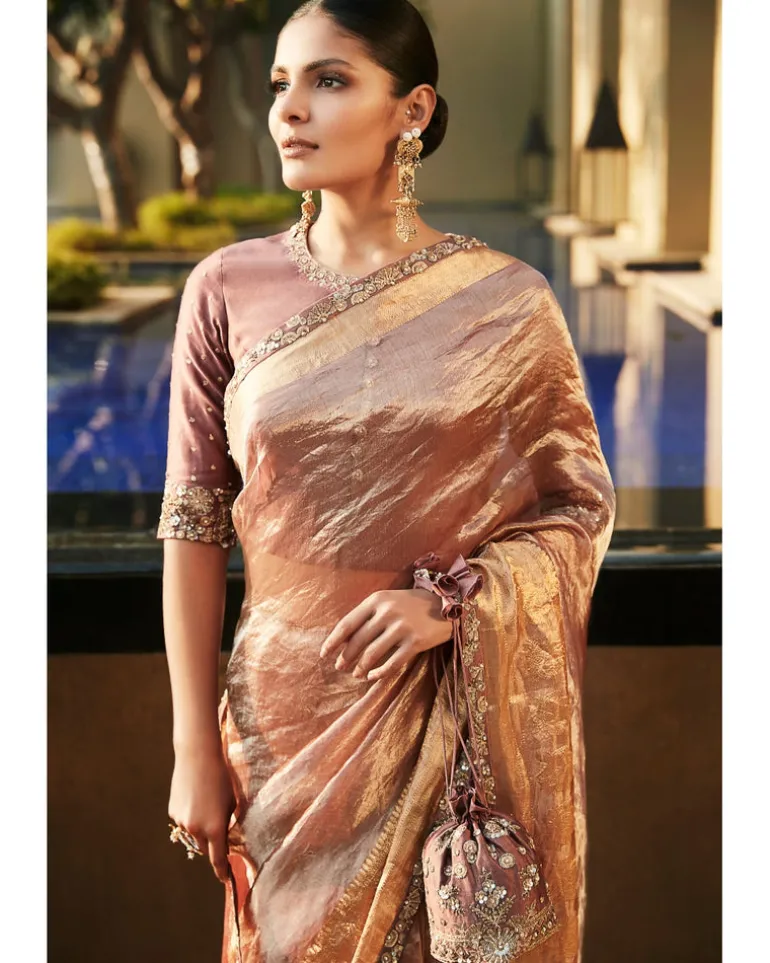 Old Rose Meera Wrinkled Tissue Sari