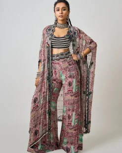 Old Rose Printed & Hand-Embroidered Kaftan Jacket Pants Set