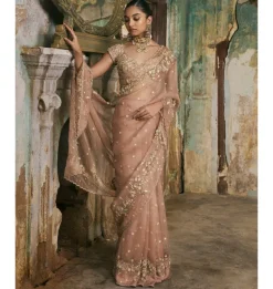 Old Rose Sequin And Moti Work Sari Set