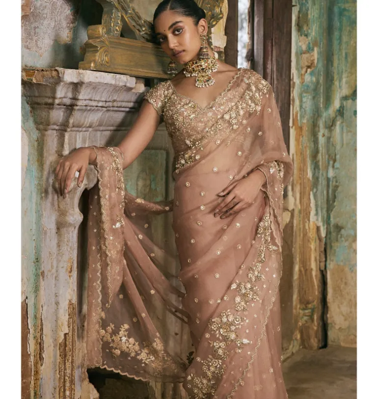 Old Rose Sequin And Moti Work Sari Set