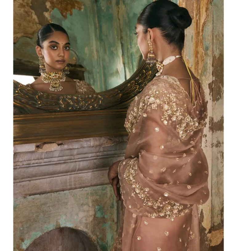 Old Rose Sequin And Moti Work Sari Set