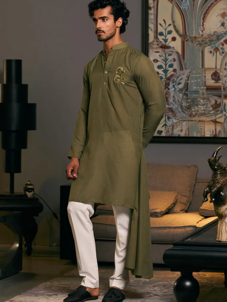 Olive Blended Asymmetric Goe Dragon Kurta Set