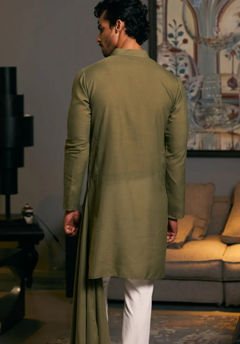 Olive Blended Asymmetric Goe Dragon Kurta Set