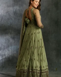 Olive Green Anarkali With Dupatta And Belt
