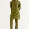 Olive Green Block Printed Dori Embroidered Kurta Set