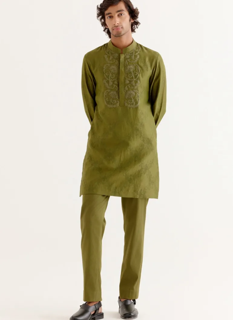 Olive Green Block Printed Dori Embroidered Kurta Set