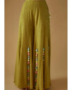 Olive Green Embroidered Back Tie-Up Choli With Sharara Set
