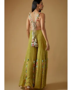 Olive Green Embroidered Back Tie-Up Choli With Sharara Set