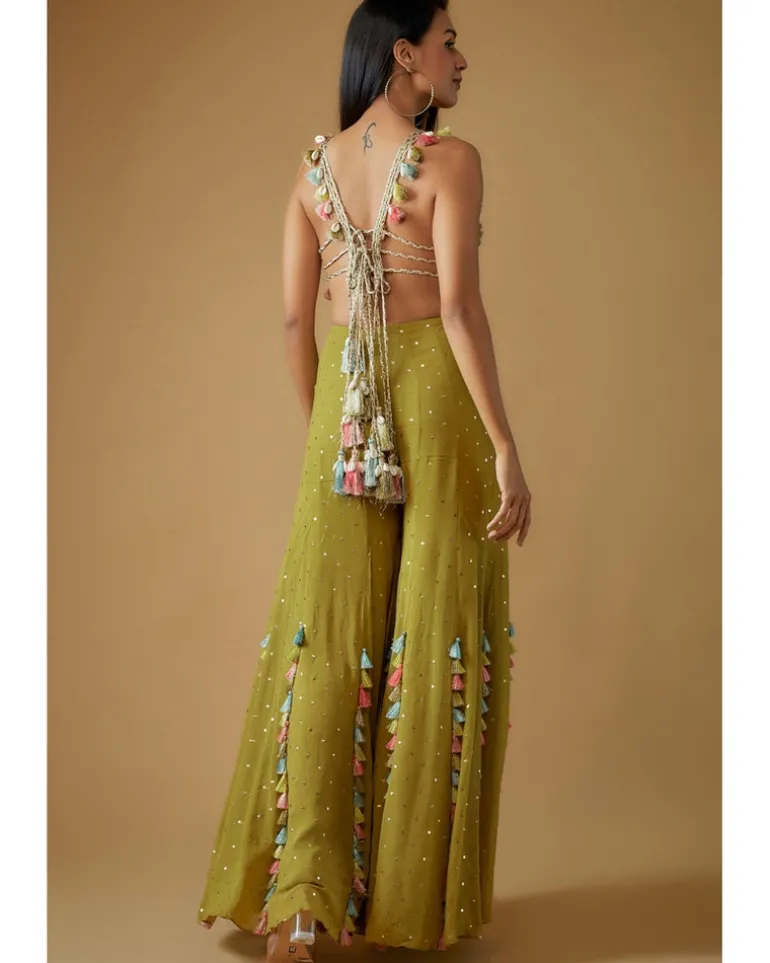 Olive Green Embroidered Back Tie-Up Choli With Sharara Set