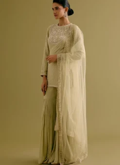 Olive Green Embroidered Georgette Gharara Set