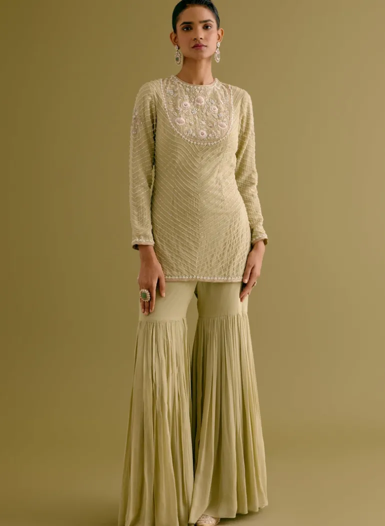 Olive Green Embroidered Georgette Gharara Set