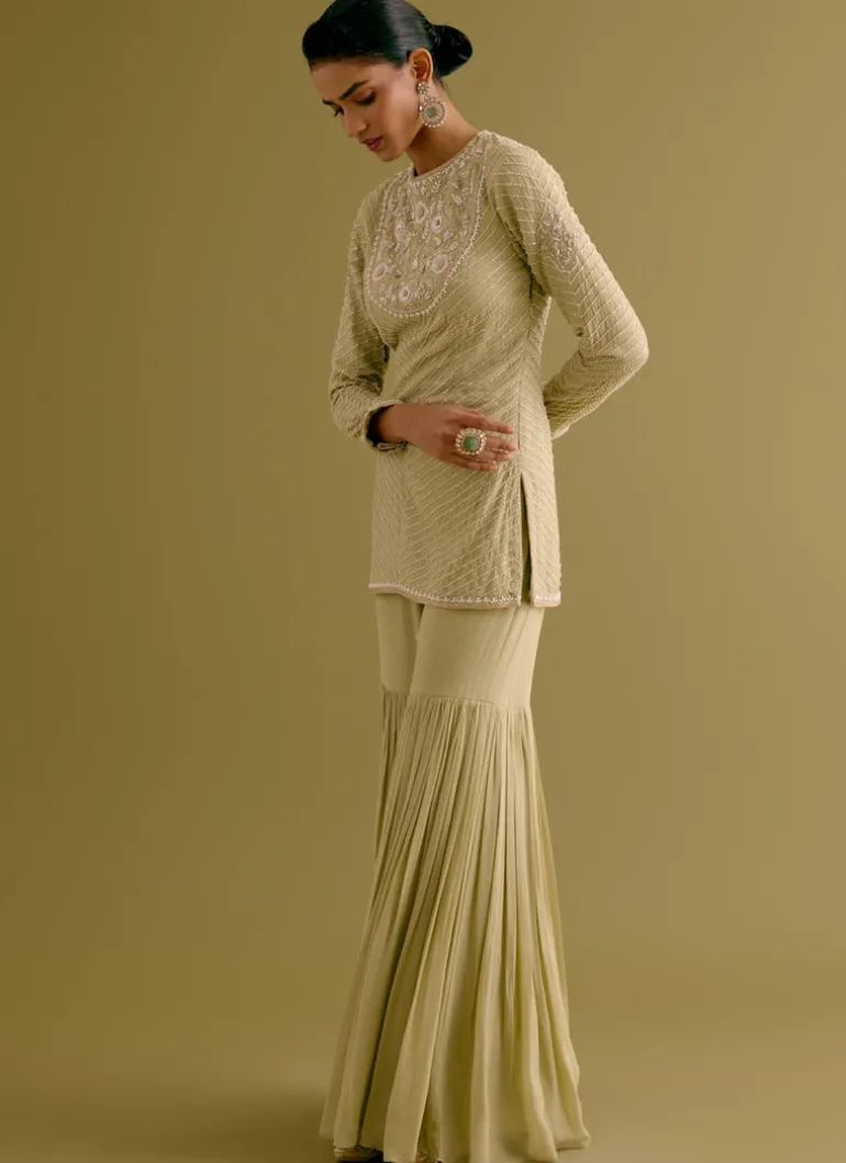 Olive Green Embroidered Georgette Gharara Set
