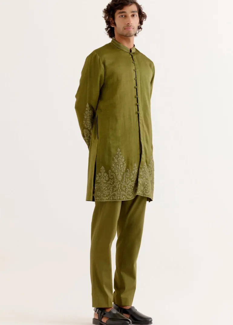 Olive Green Front-Open Dori Embroidered Kurta Set