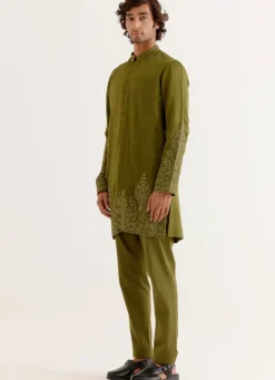 Olive Green Front-Open Dori Embroidered Kurta Set