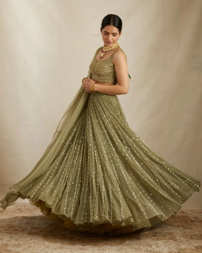 Olive Green Net Crepe Line Lehenga Set