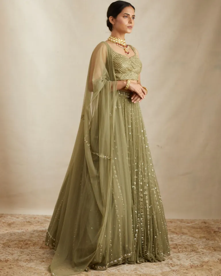 Olive Green Net Crepe Line Lehenga Set