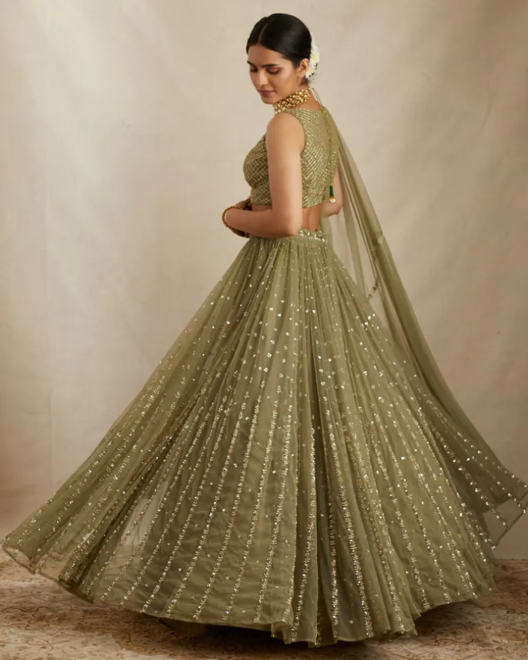 Olive Green Net Crepe Line Lehenga Set