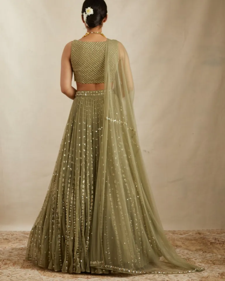 Olive Green Net Crepe Line Lehenga Set