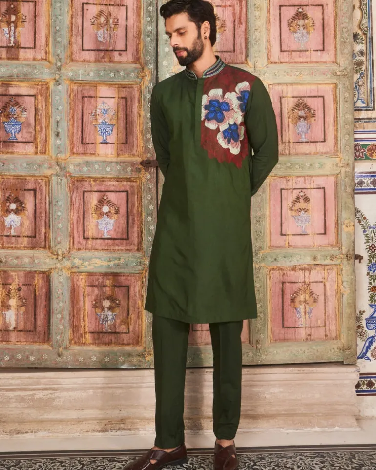 Olive Green One Side Embroidered Kurta Set