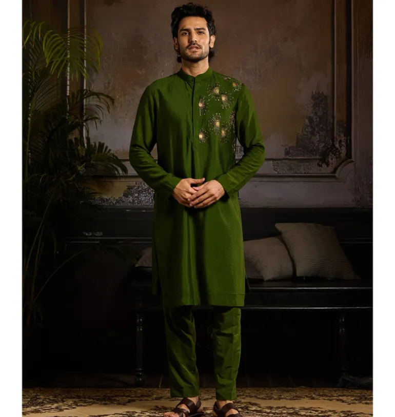 Olive Green One Side Gold Metallic Embroidered Kurta Paired With Olive Green Pants