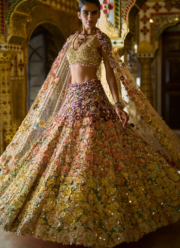 Ombre Multi-Coloured Three-Dimensional Floral Lehenga Set