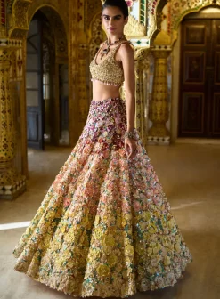 Ombre Multi-Coloured Three-Dimensional Floral Lehenga Set