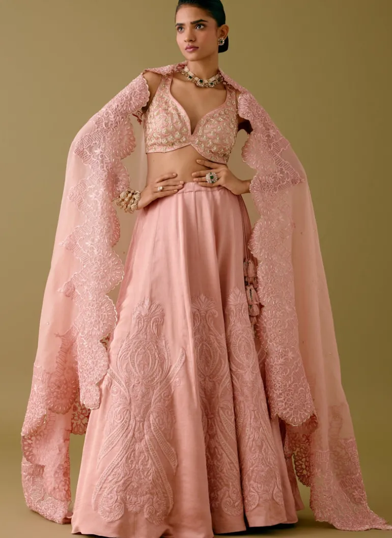 Onion Pink Embroidered Silk Satin Lehenga