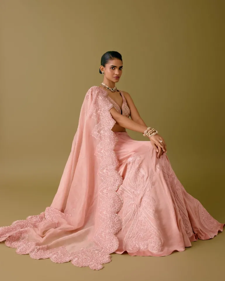 Onion Pink Embroidered Silk Satin Lehenga