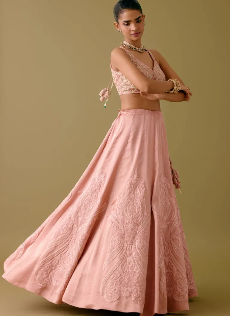 Onion Pink Embroidered Silk Satin Lehenga