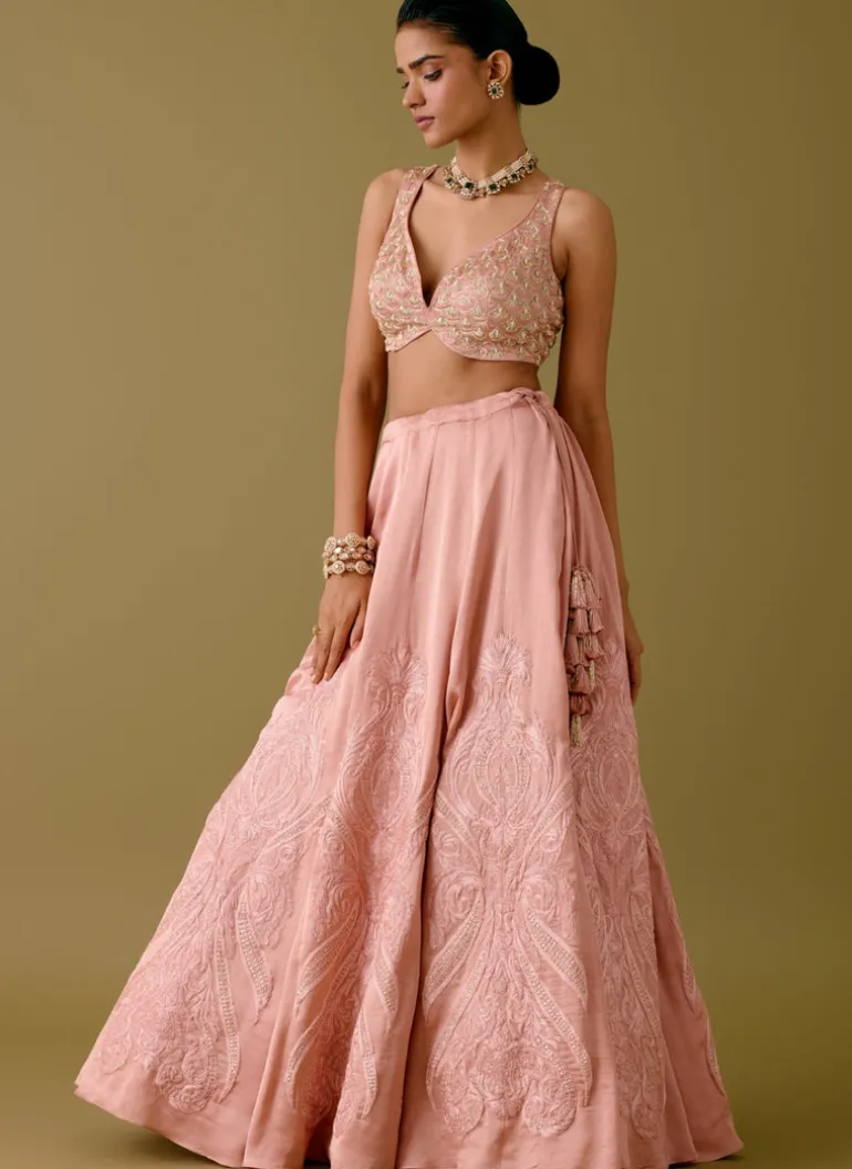 Onion Pink Embroidered Silk Satin Lehenga