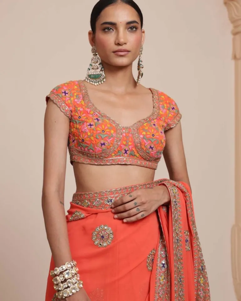 Orange And Gold Multithread Embroidered Sari Set