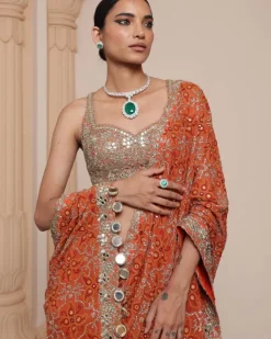 Orange And Gold Multithread Ruffle Sari Set