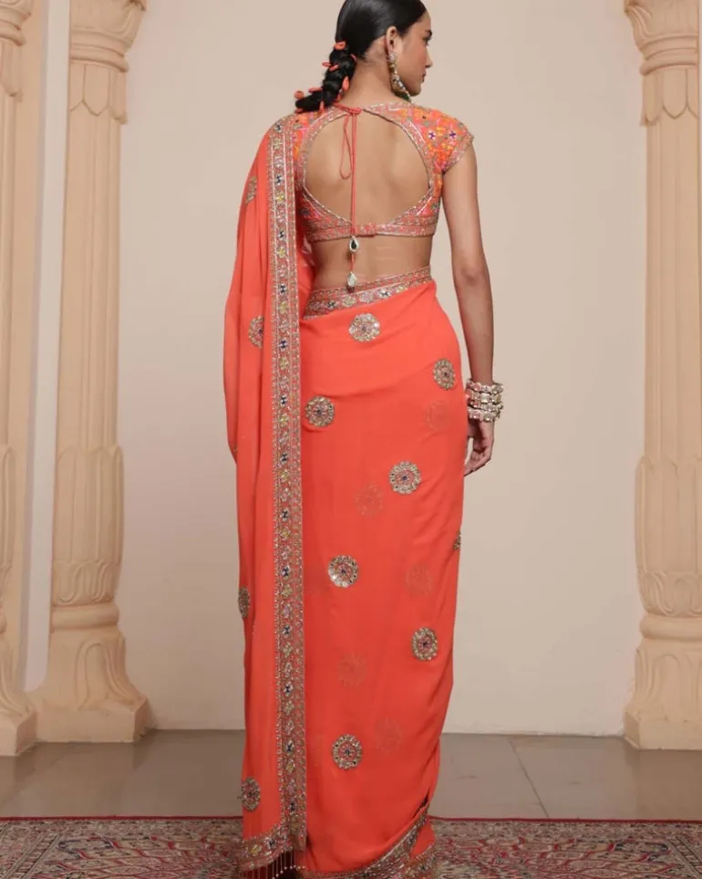 Orange And Gold Multithread Embroidered Sari Set