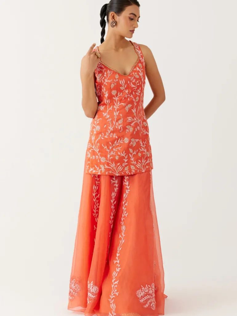 Orange Dori Embroidered Sharara Set