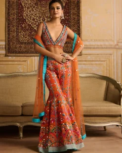 Orange Embroidered Blouse And Sharara Set