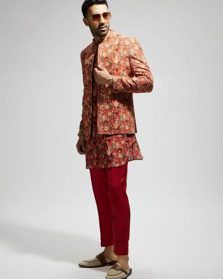 Orange Jaal Embellished Bandhgala Set