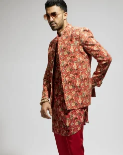 Orange Jaal Embellished Bandhgala Set